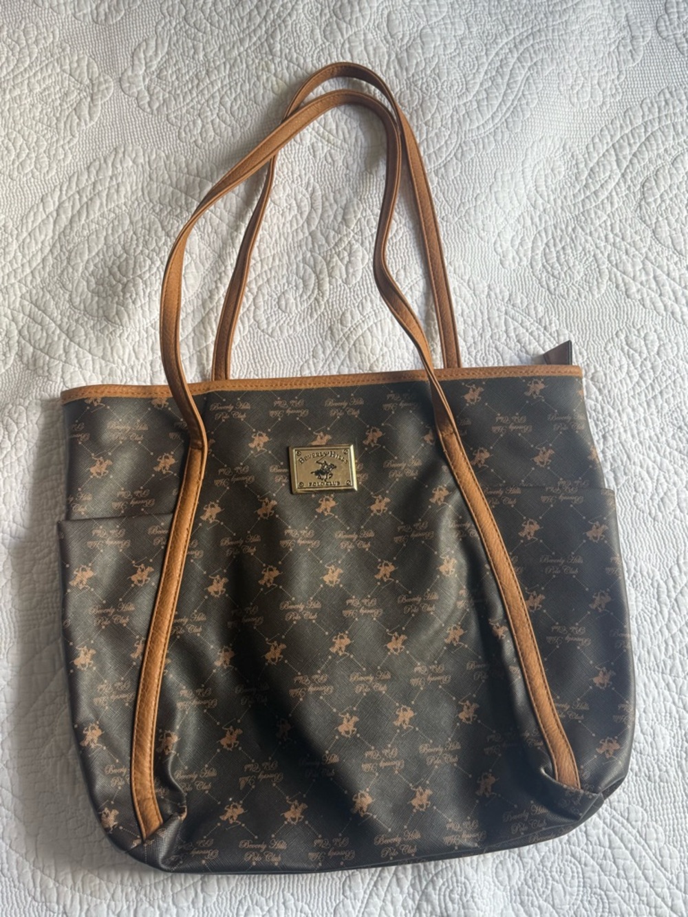 Brown Patterned Tote Bag with Tan Trim